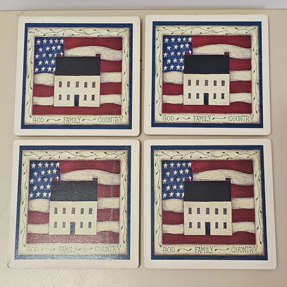 Patriotic American Flag Stone Coasters cork backed ceramic 4" Square set of 4
